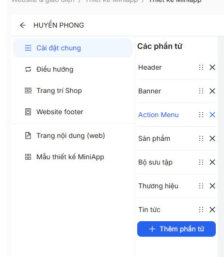 Chọn khối Action Menu trong danh sách phần tử và mở panel chỉnh sửa menu