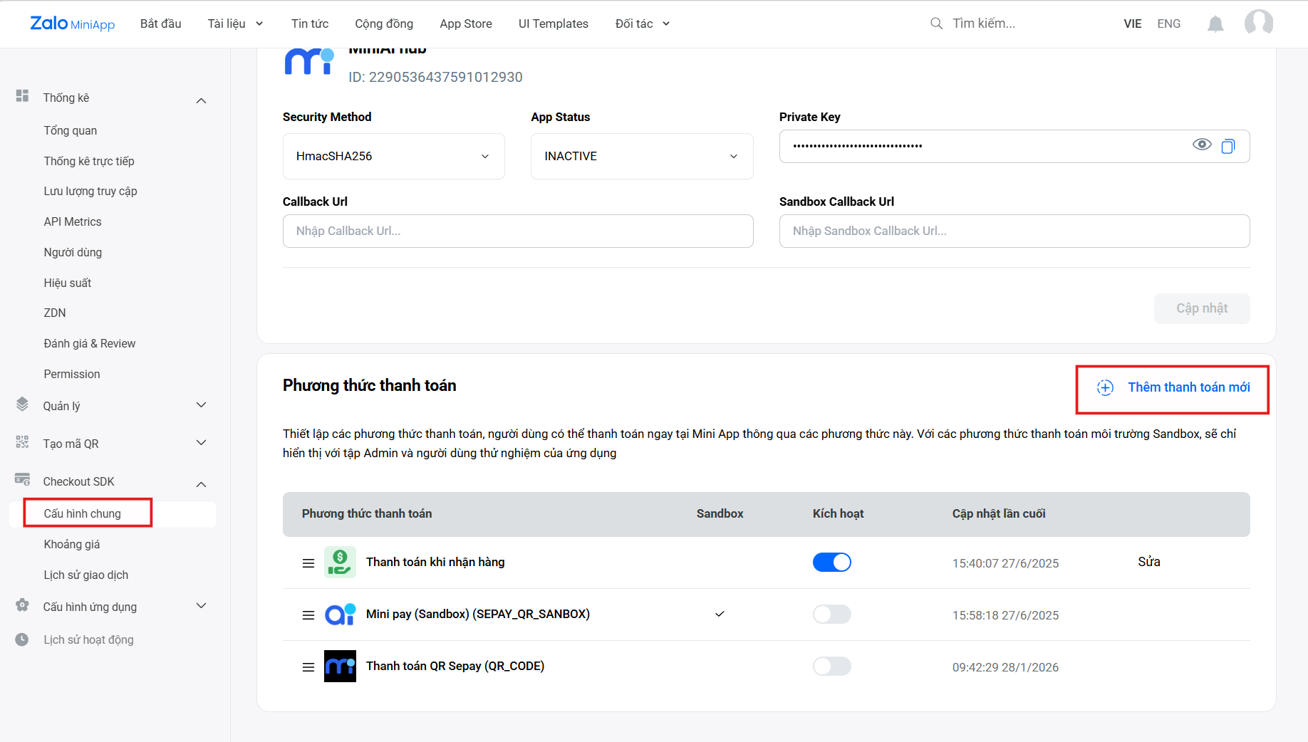 Màn hình Checkout SDK - Cấu hình chung và nút Thêm thanh toán mới