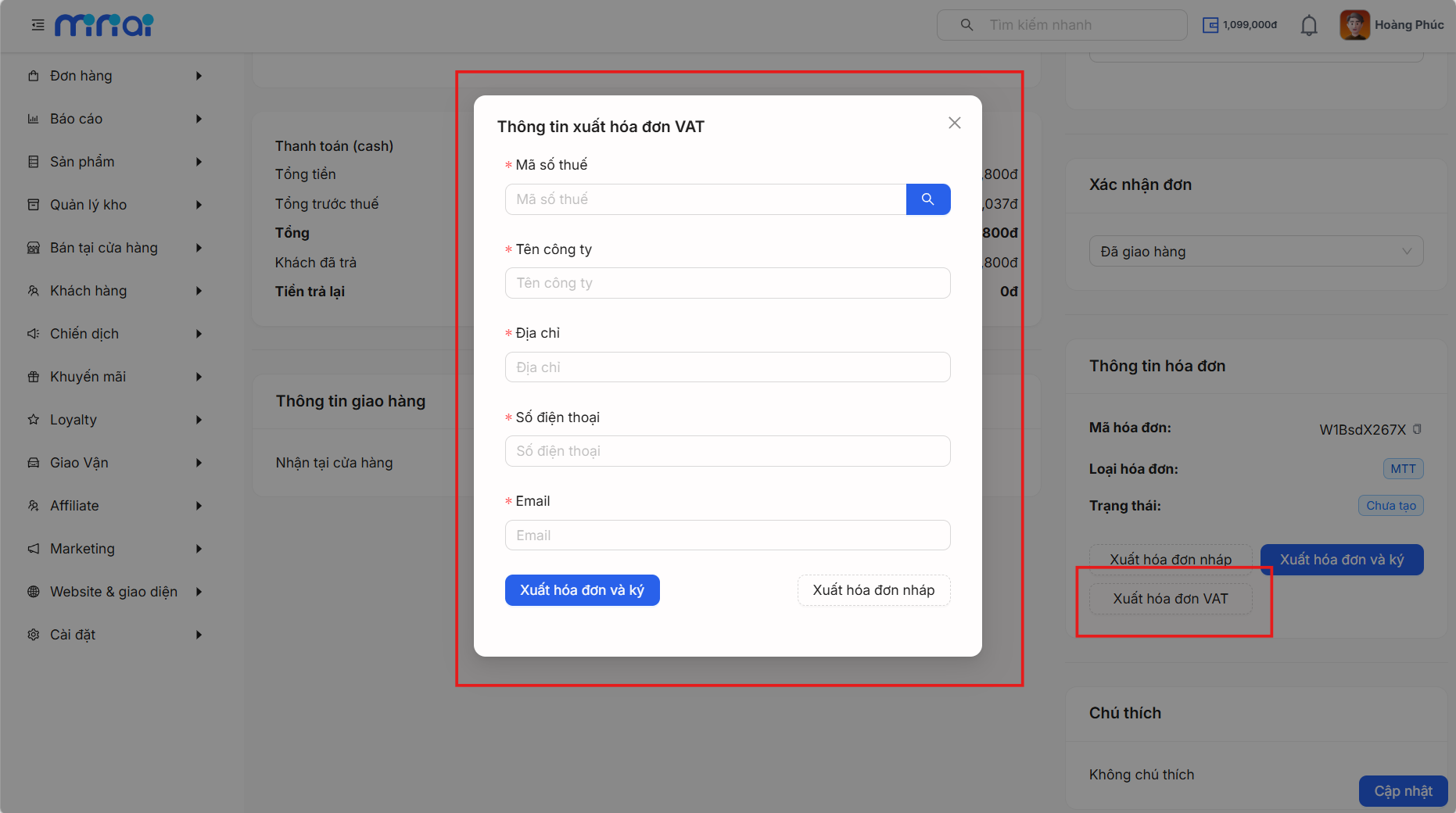 Form nhập tên công ty, mã số thuế, địa chỉ và email để chuyển sang hóa đơn GTGT