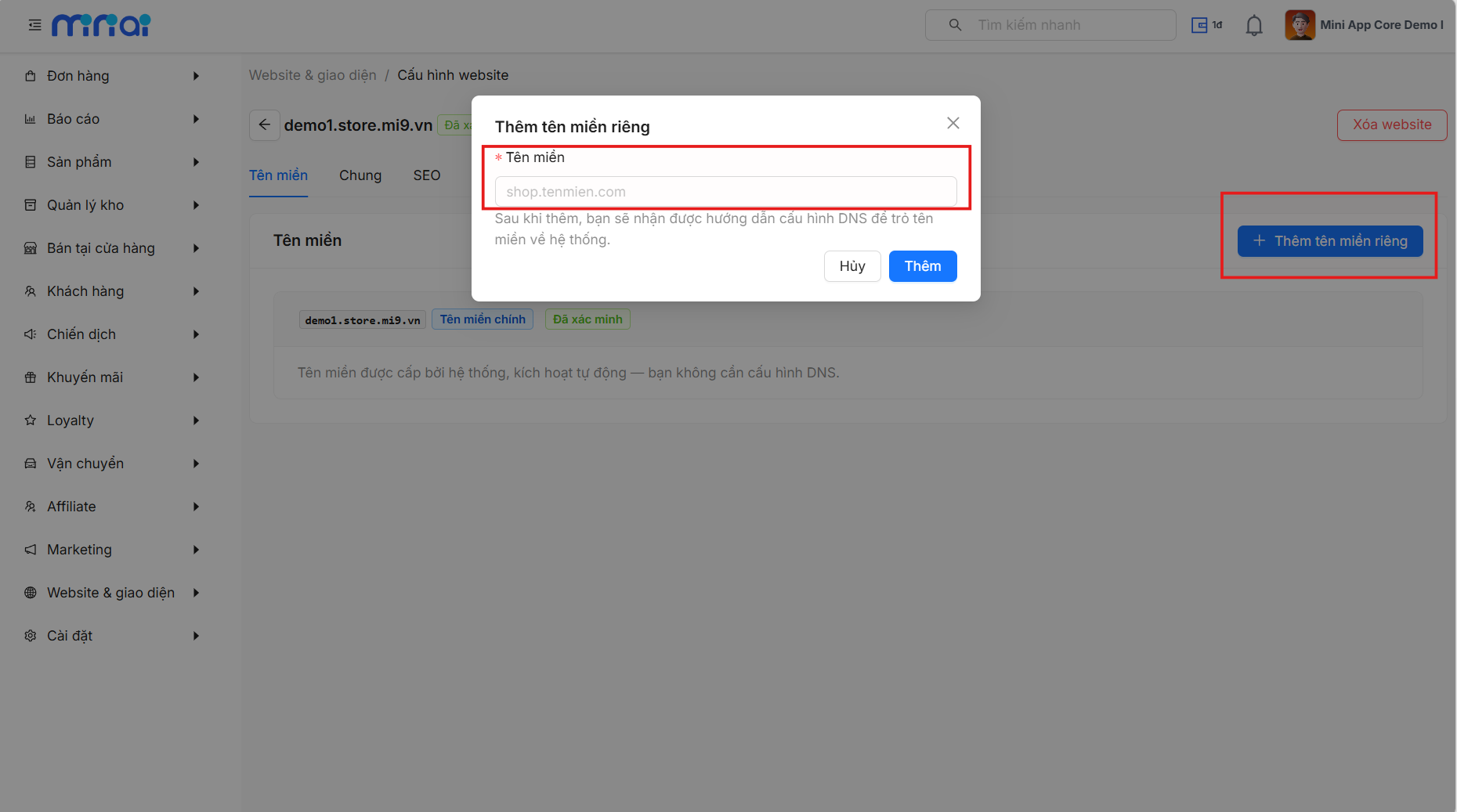 Form thêm tên miền riêng trên Portal