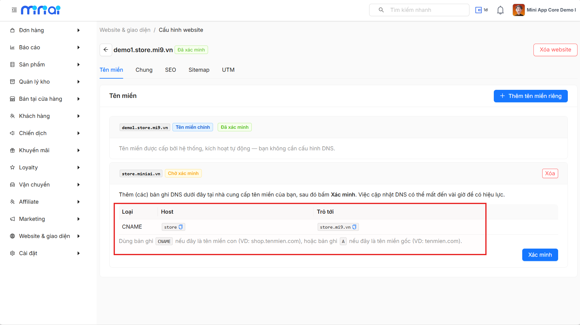 Bản ghi DNS CNAME cần khai báo tại nhà cung cấp tên miền