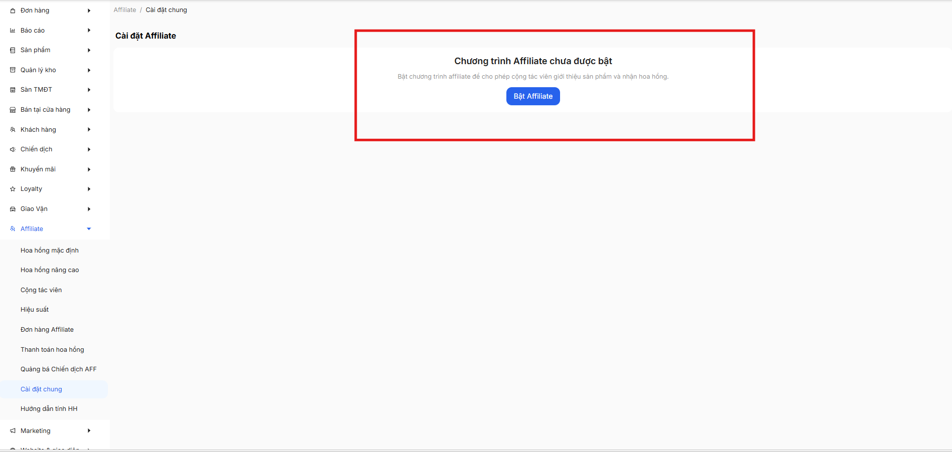Màn hình chưa bật Affiliate và popup Chỉnh hoa hồng mặc định