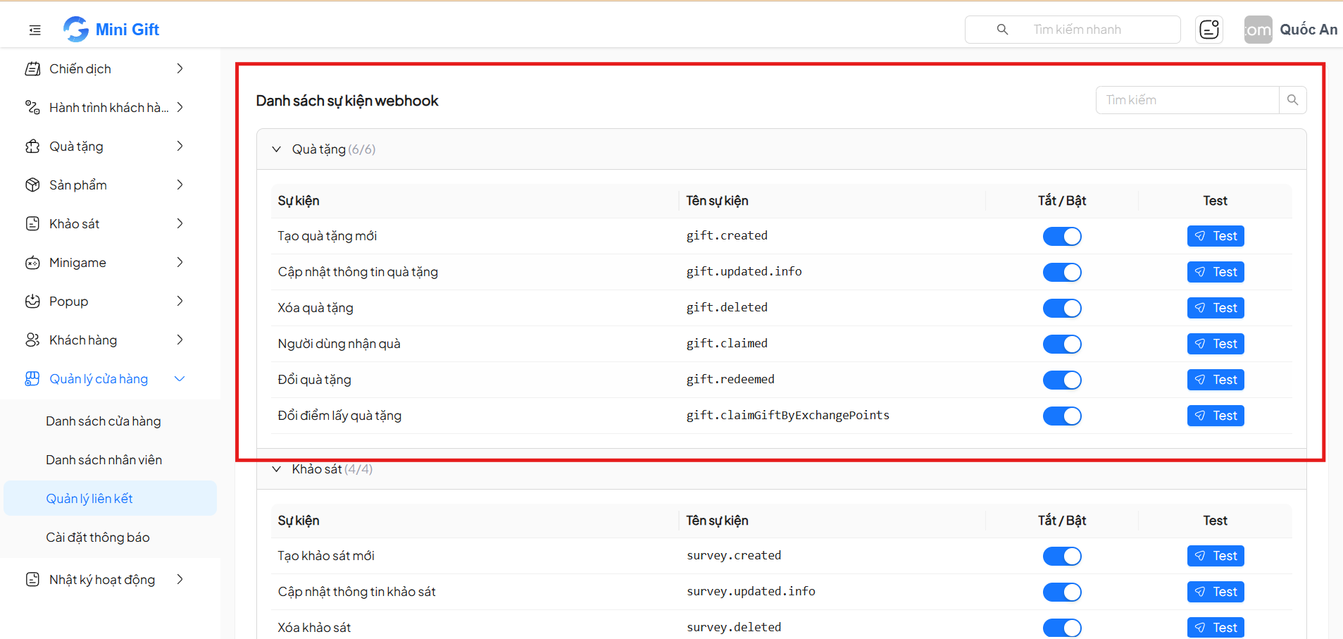 Danh sách event webhook — phần 1: Quà tặng và Khảo sát
