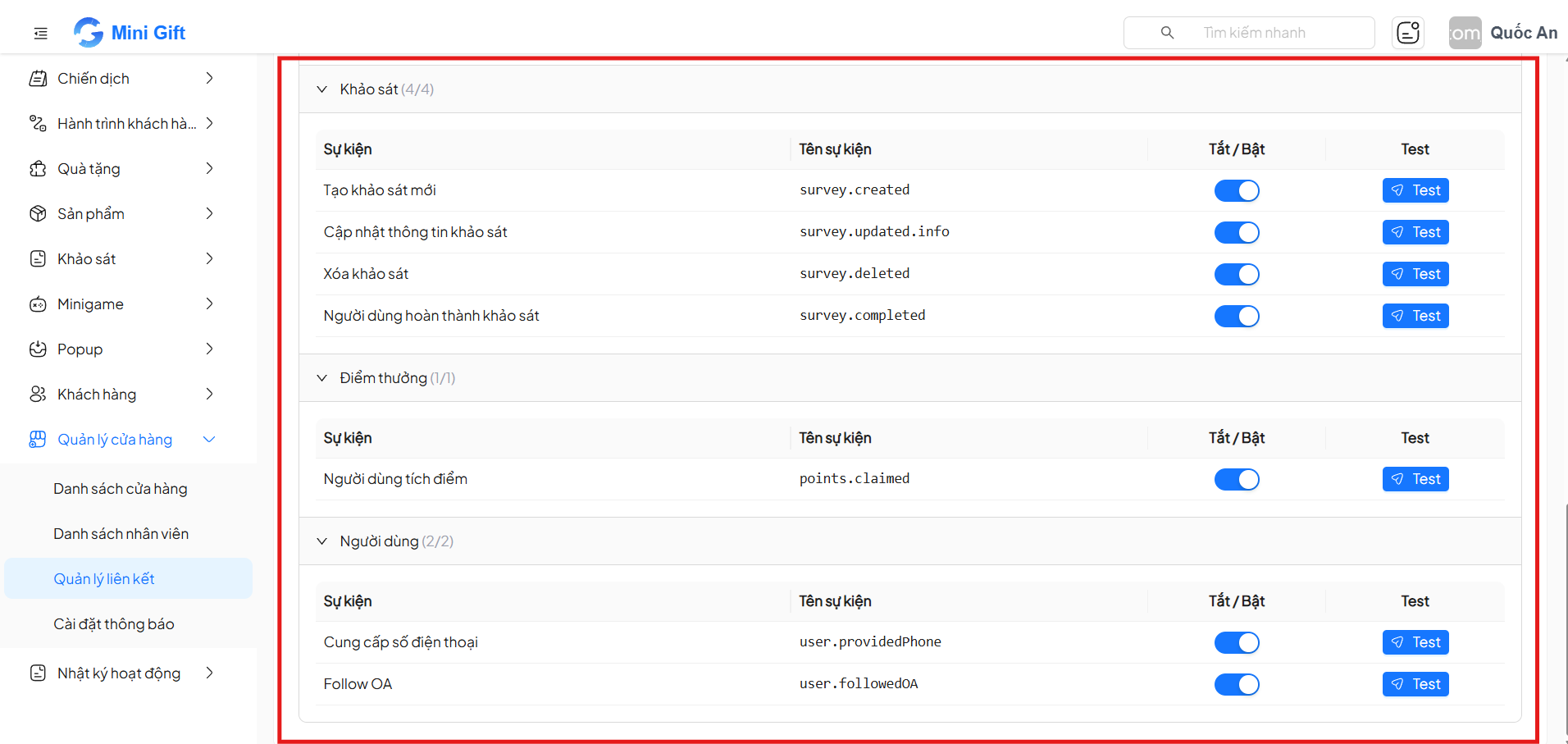 Danh sách event webhook — phần 2: Điểm thưởng và Người dùng