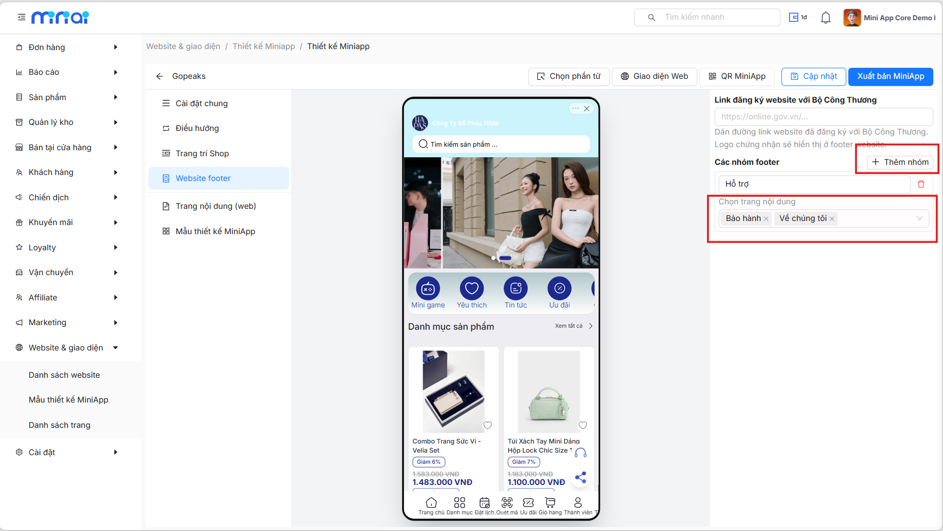 Sắp xếp menu hiển thị ở chân trang website