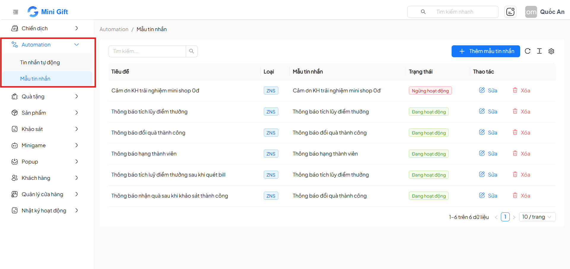 Truy cập màn hình Mẫu tin nhắn qua mục Automation trên sidebar