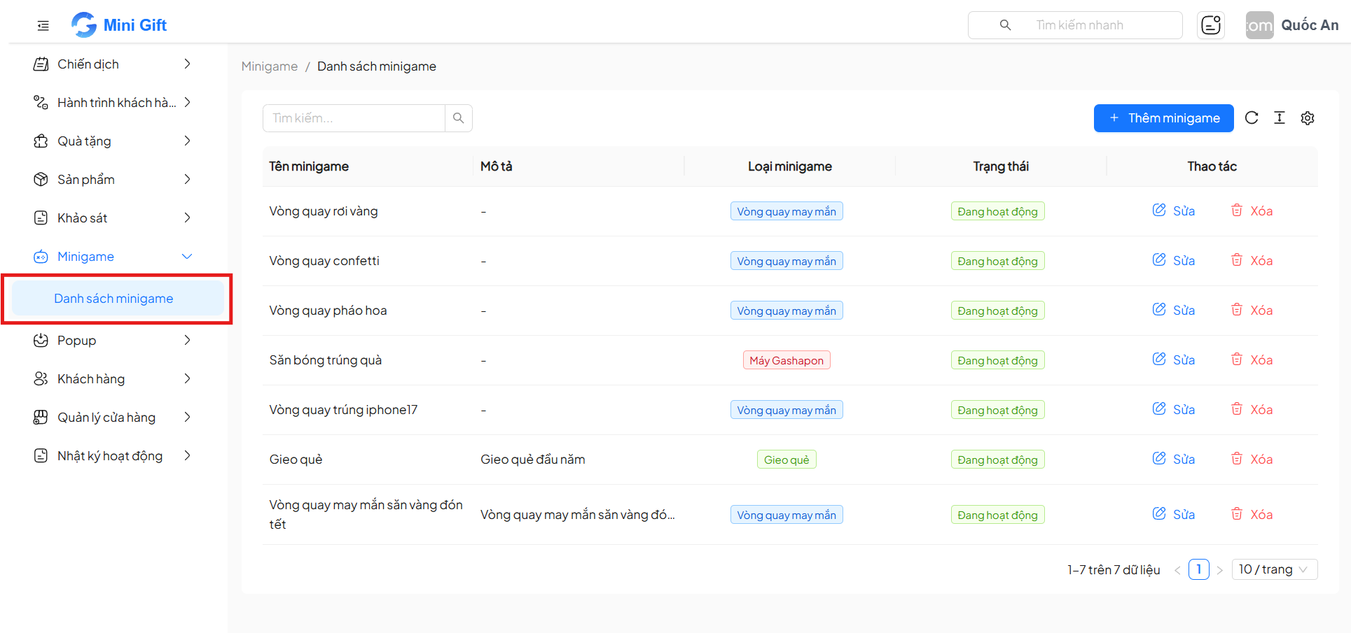 Truy cập menu Minigame → Danh sách minigame