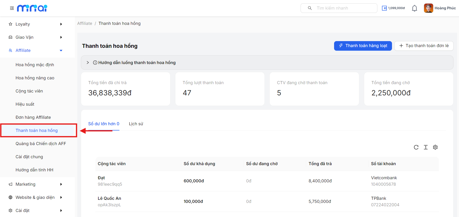 Truy cập màn hình Thanh toán hoa hồng Affiliate
