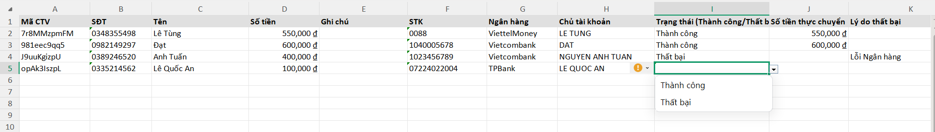 File Excel đối soát với cột Trạng thái dạng dropdown