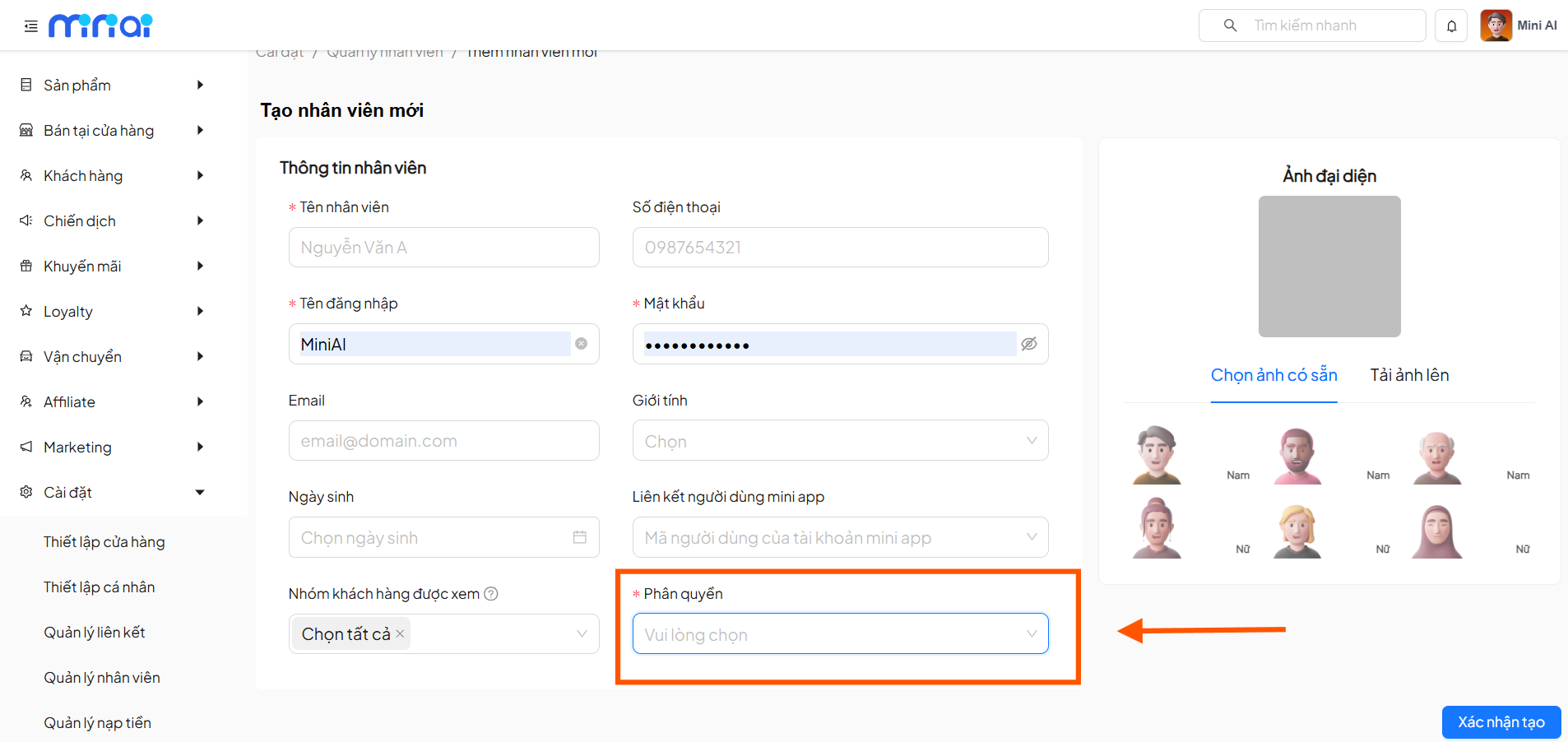 Thiết lập thông tin phân quyền