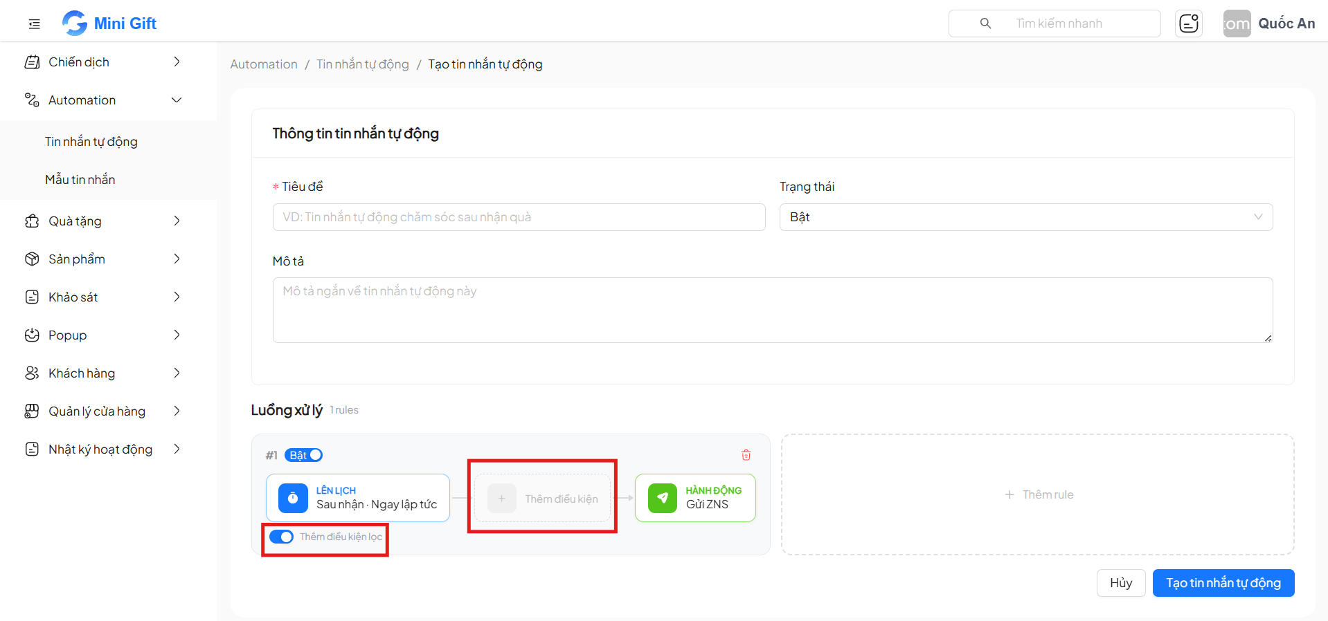 Bật toggle Thêm điều kiện lọc, hiển thị block điều kiện giữa sự kiện và hành động trong luồng