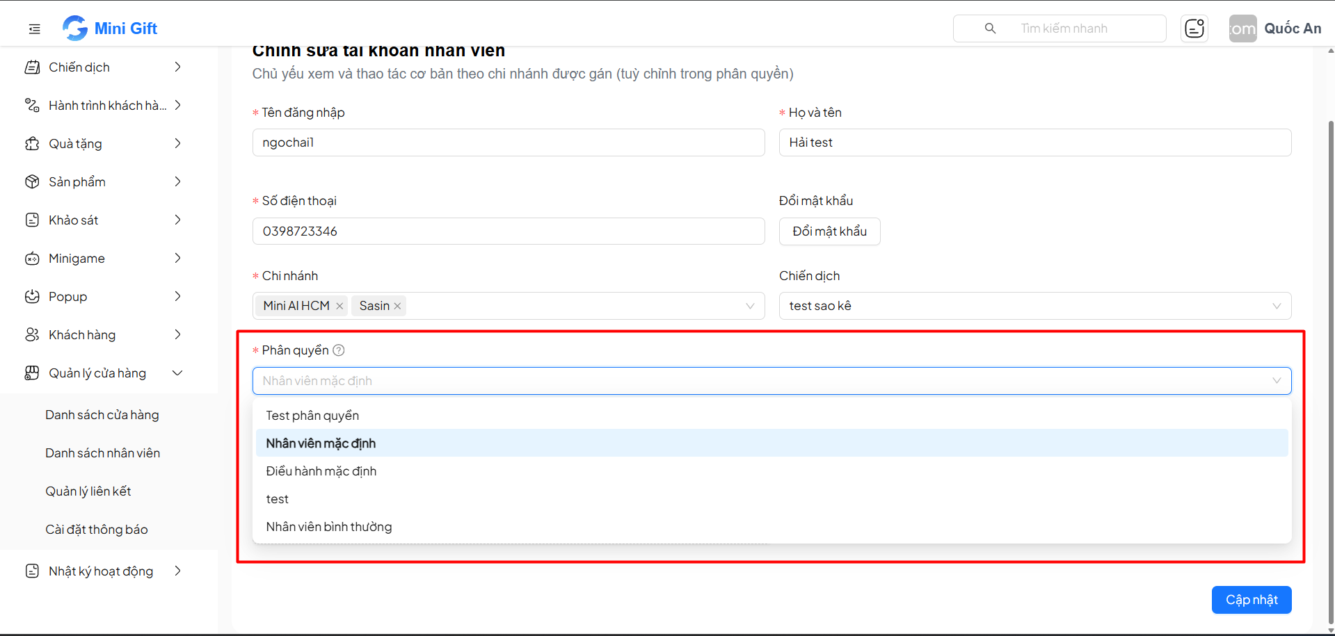 Form nhân viên với dropdown chọn mẫu phân quyền