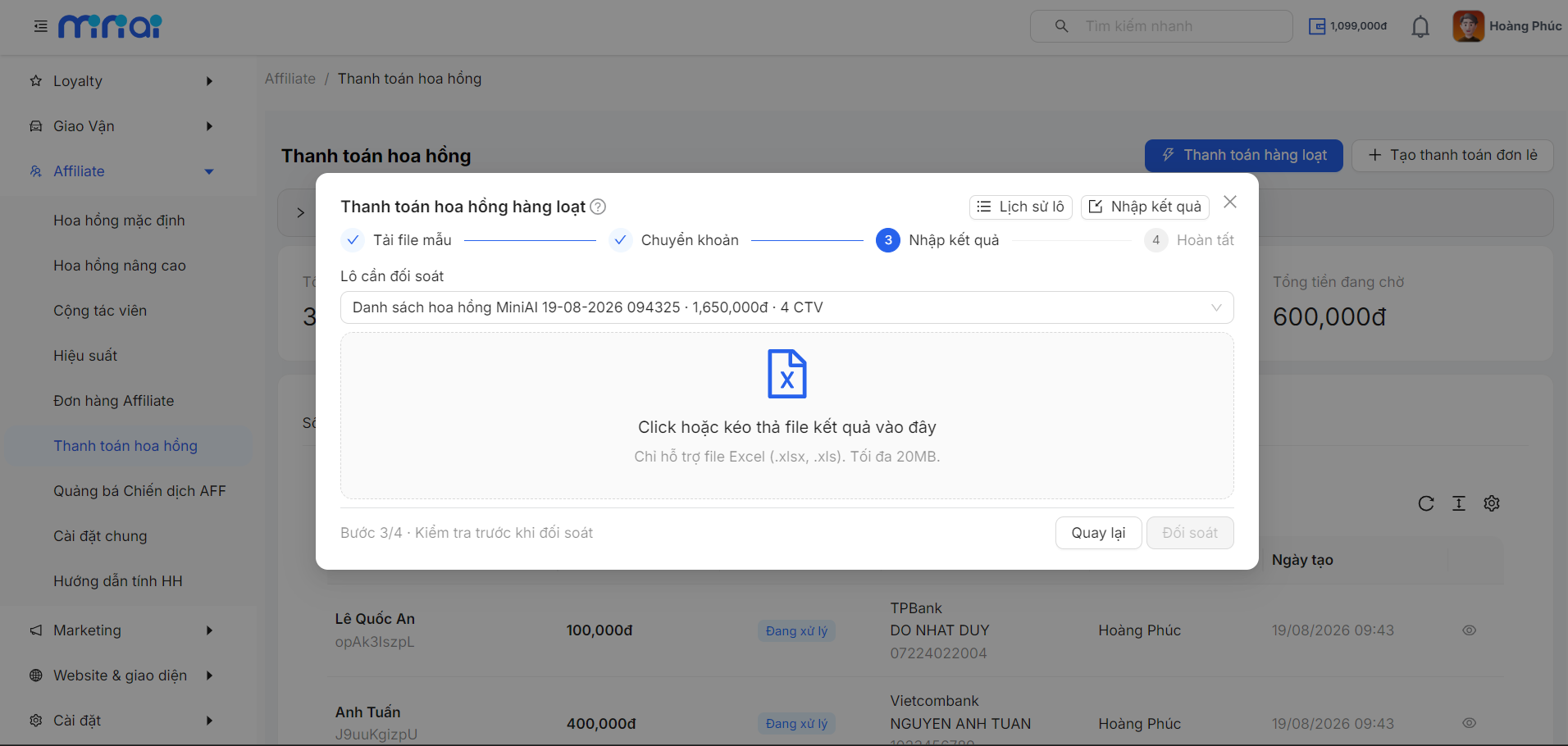 Giao diện chọn lô trước khi upload file kết quả