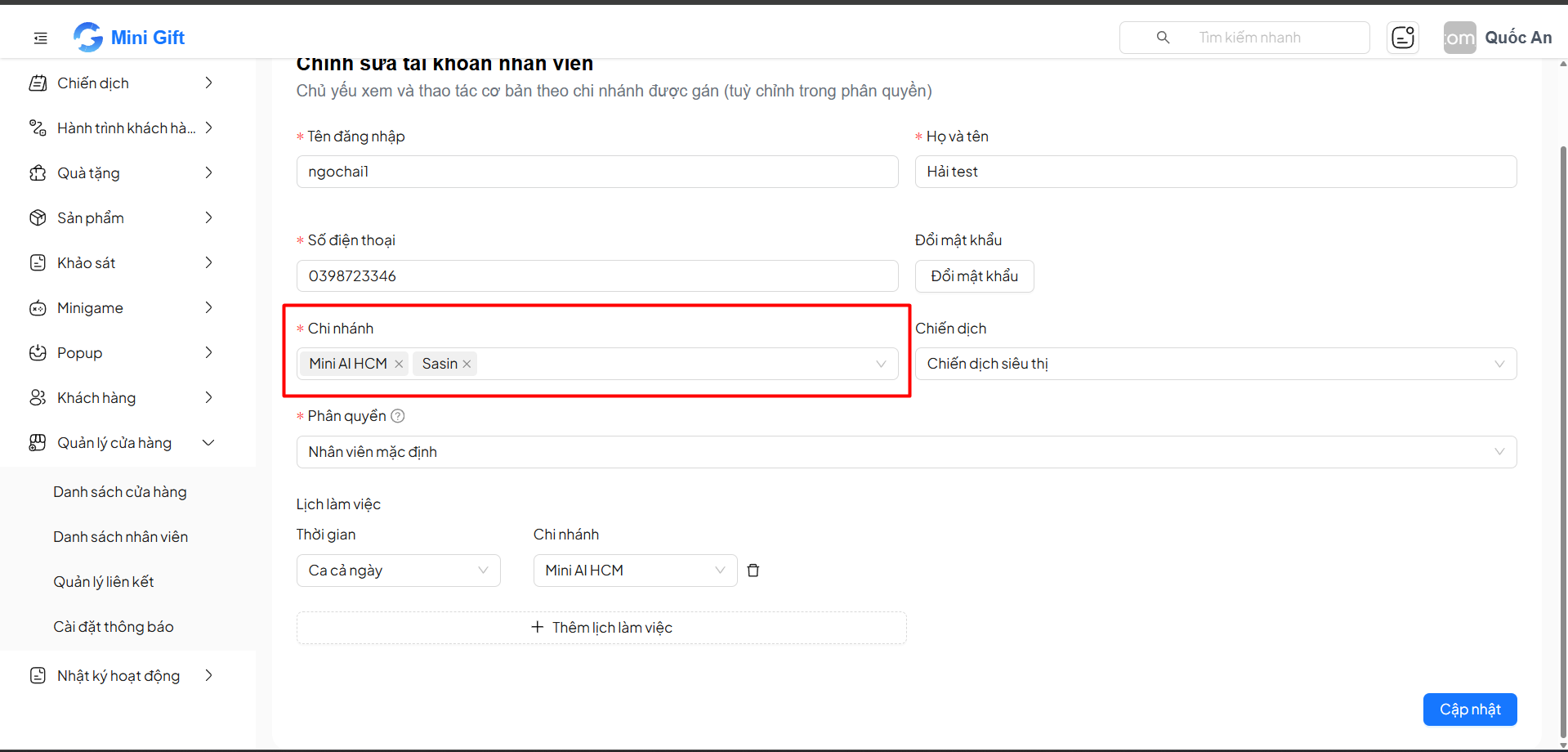 Dropdown chọn chi nhánh khi tạo nhân viên