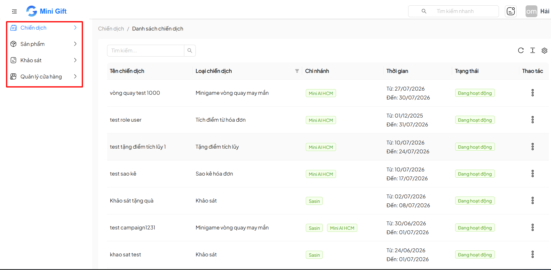 Menu sidebar của nhân viên chỉ hiện vài mục