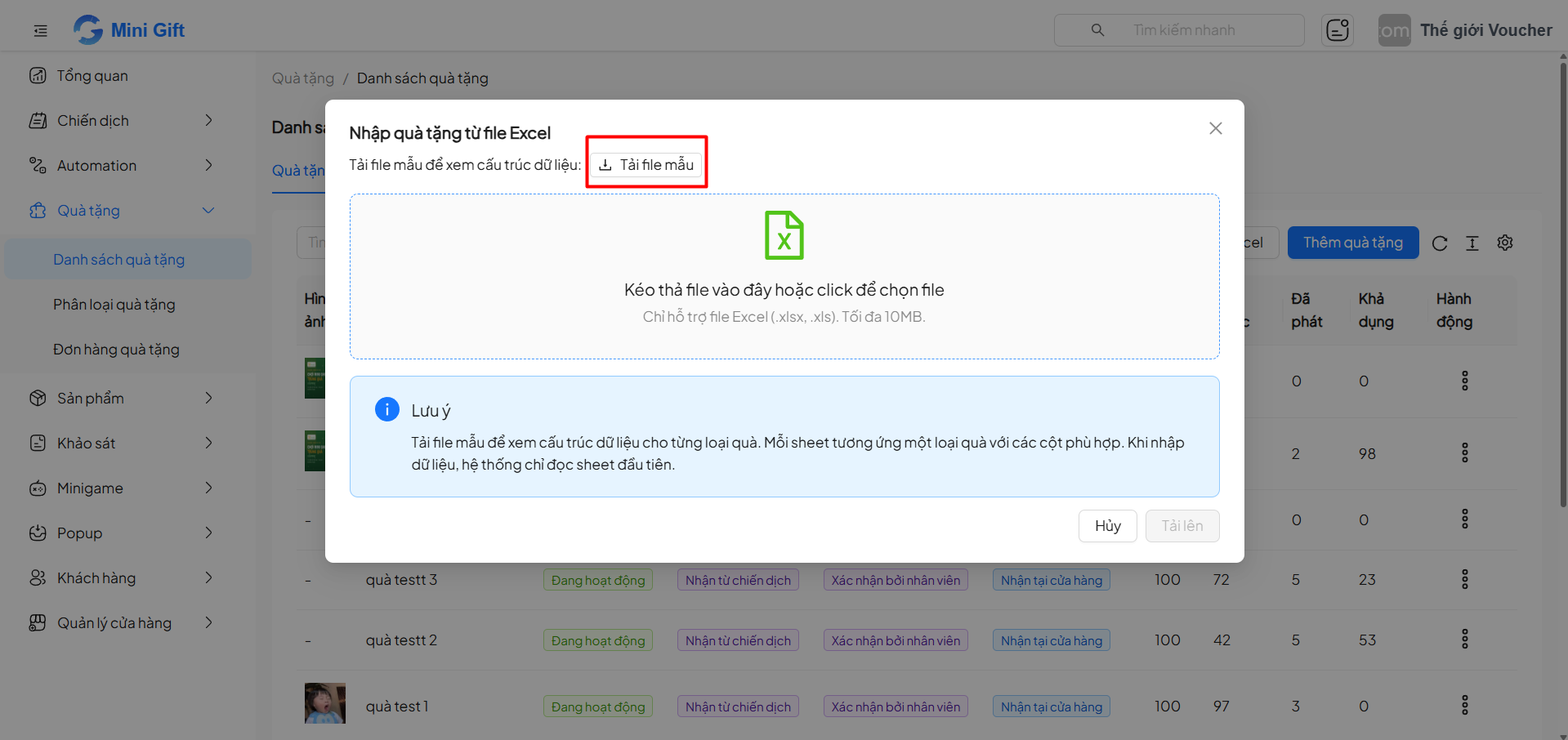 Cửa sổ Nhập quà tặng từ file Excel
