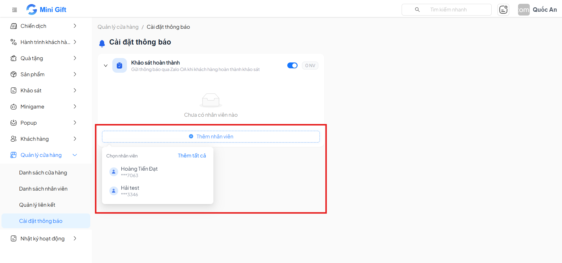 Dropdown chọn nhân viên để thêm vào danh sách nhận thông báo