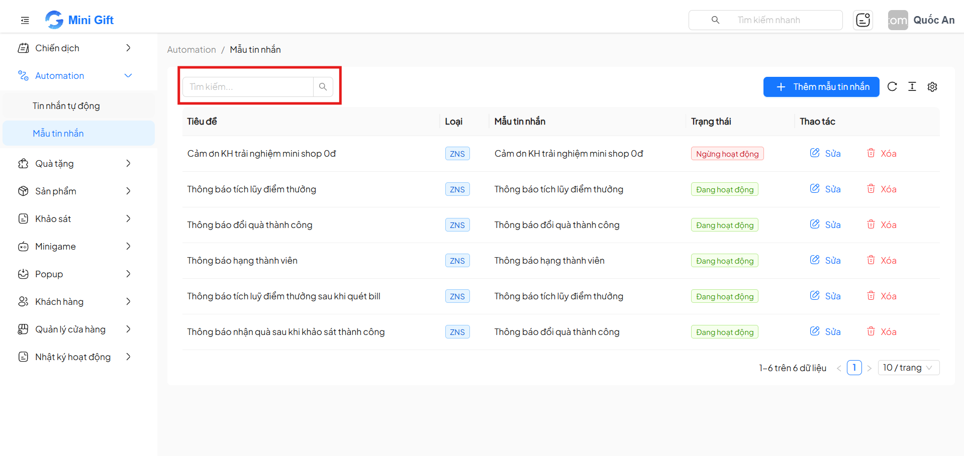 Ô tìm kiếm mẫu tin nhắn theo key hoặc tiêu đề