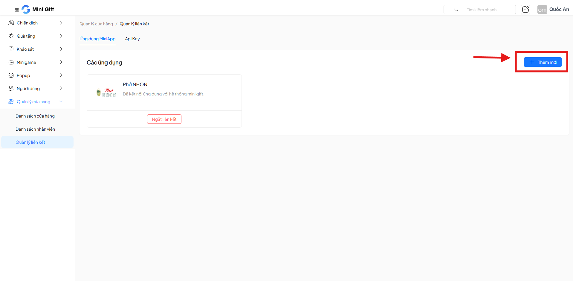 Nút thêm liên kết ứng dụng Mini App mới