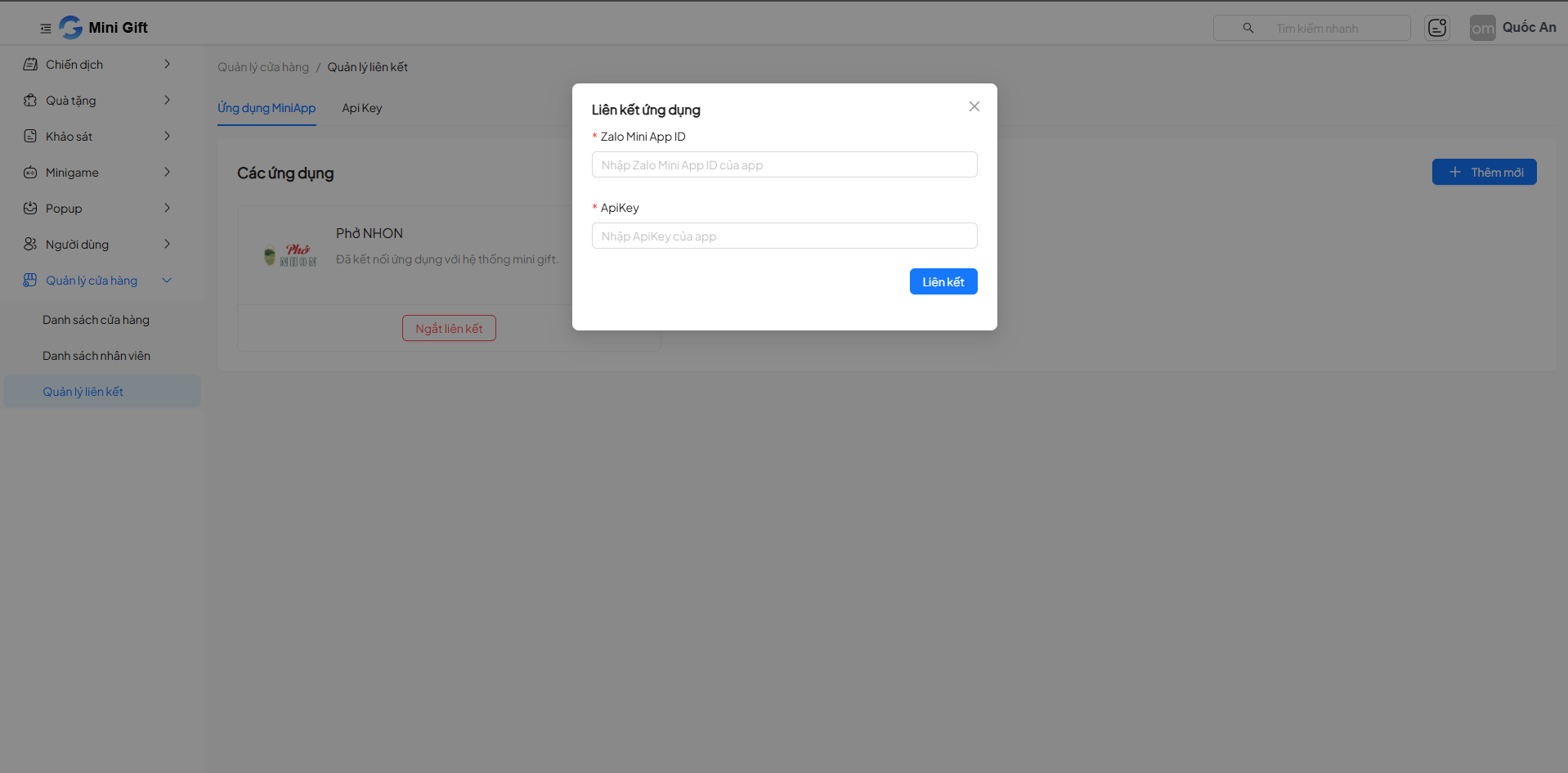 Form liên kết ứng dụng Zalo Mini App trên Mini Gift