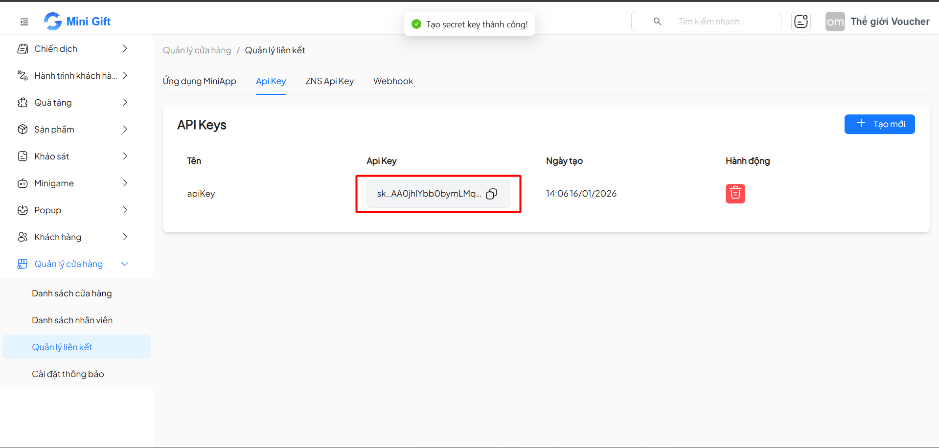 API Key đã tạo thành công với nút sao chép