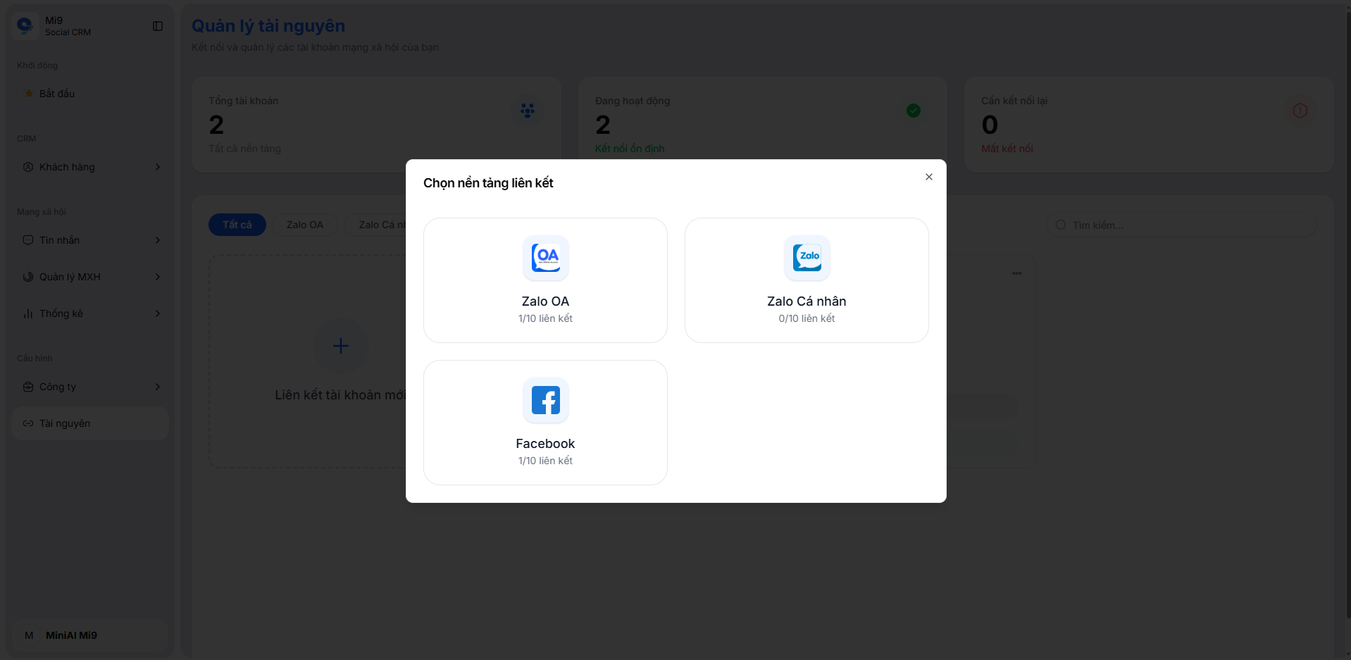 Chọn nền tảng liên kết Zalo OA, Zalo cá nhân hoặc Facebook