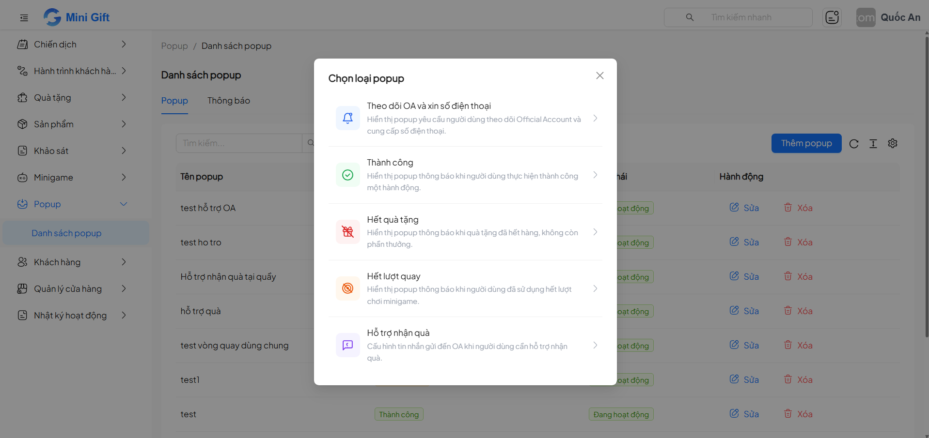 Hộp thoại chọn loại popup