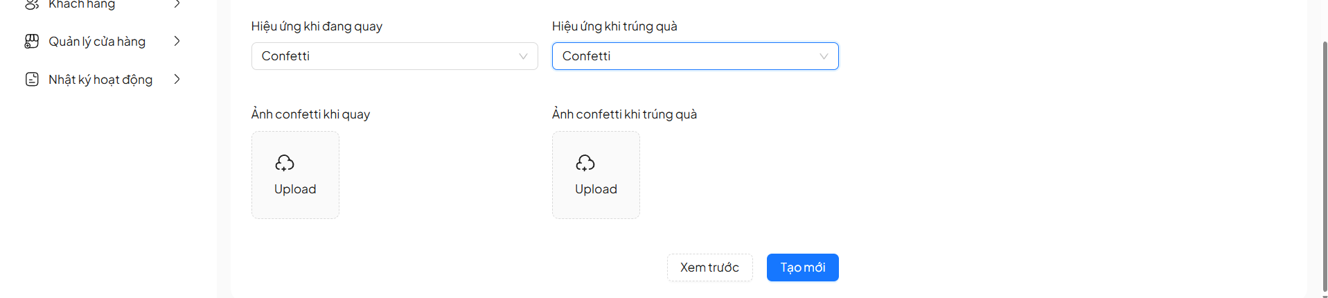 Form tạo minigame Vòng quay may mắn – phần hiệu ứng và nút tạo mới