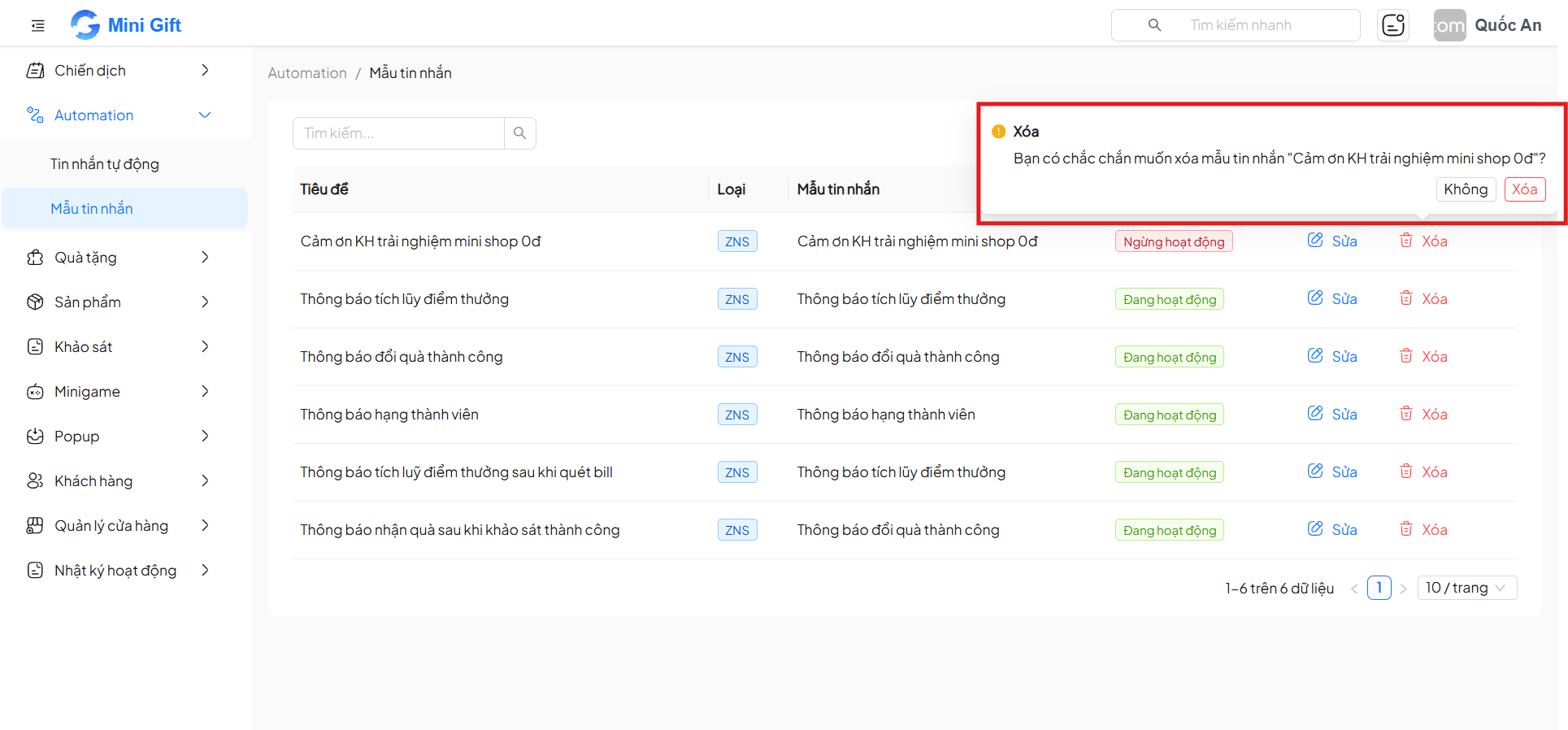 Popup xác nhận xoá mẫu tin nhắn với nút Không và Xoá