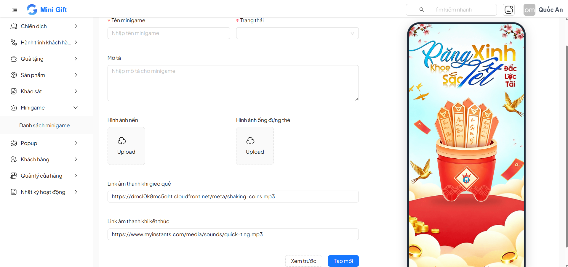 Form tạo minigame Gieo quẻ