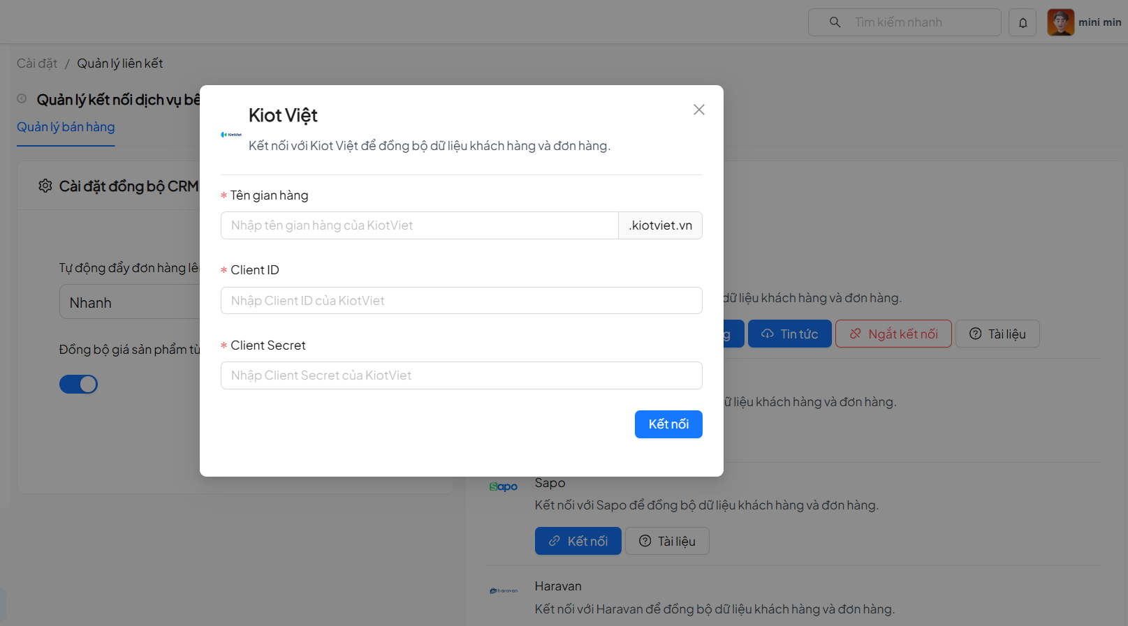 Nhập Client ID và Secret Key