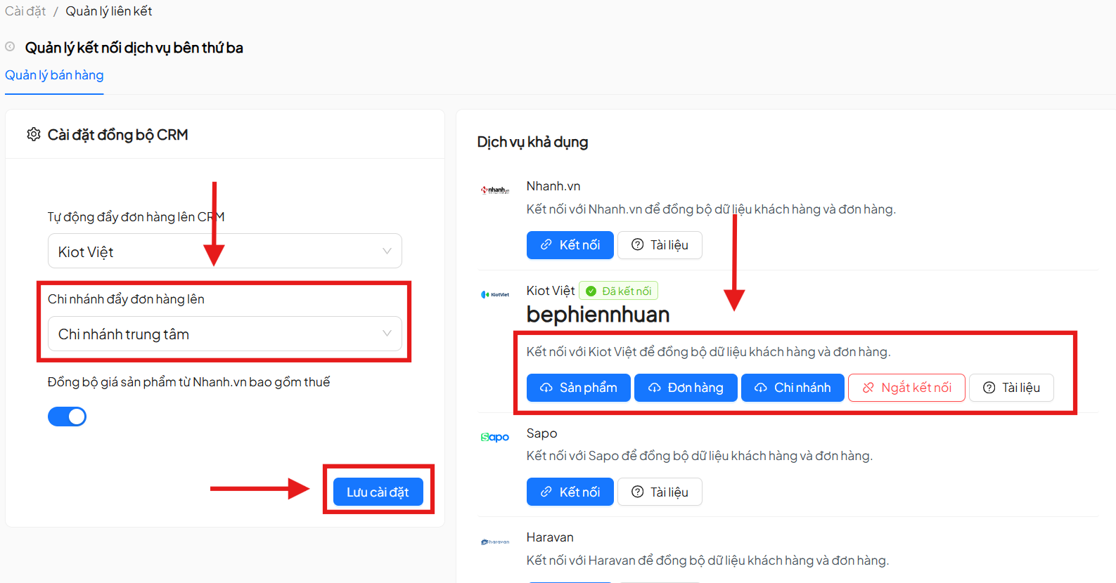 Ngắt kết nối KiotViet