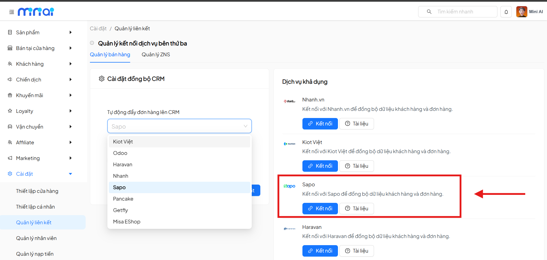 Chọn kênh liên kết Sapo