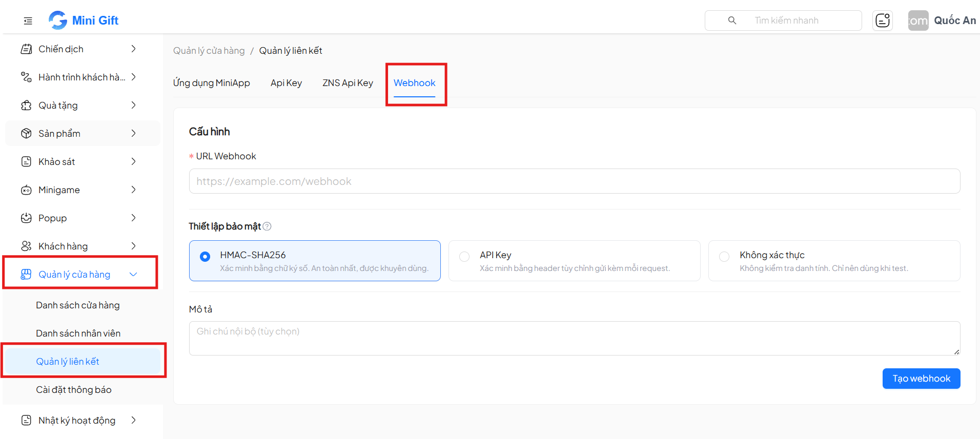 Truy cập trang Webhook từ menu Quản lý cửa hàng → Quản lý liên kết → Tab Webhook