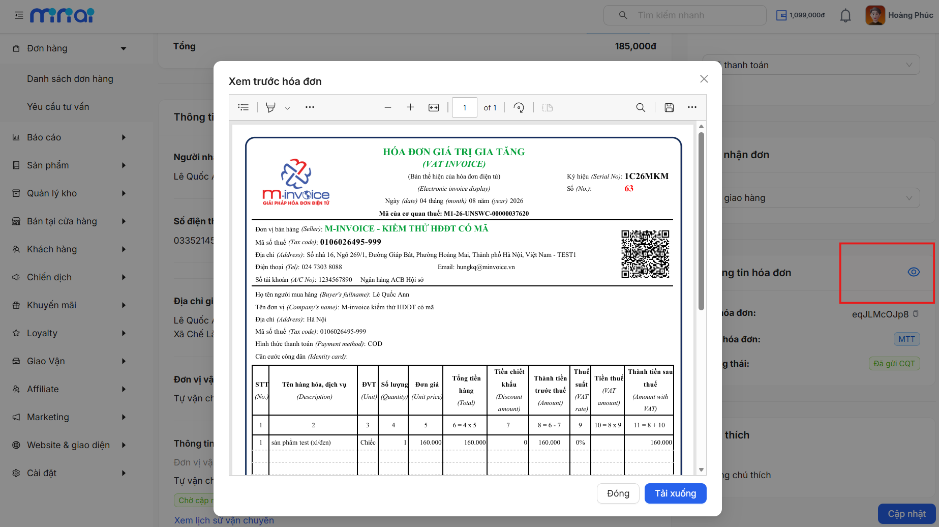 Popup xem trước hóa đơn PDF trong màn hình chi tiết đơn hàng