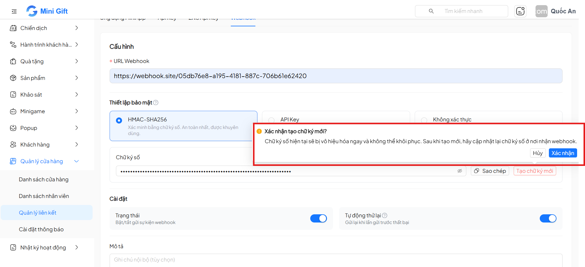 Popup xác nhận thay đổi chữ ký số — nhấn Xác nhận để thay đổi ngay