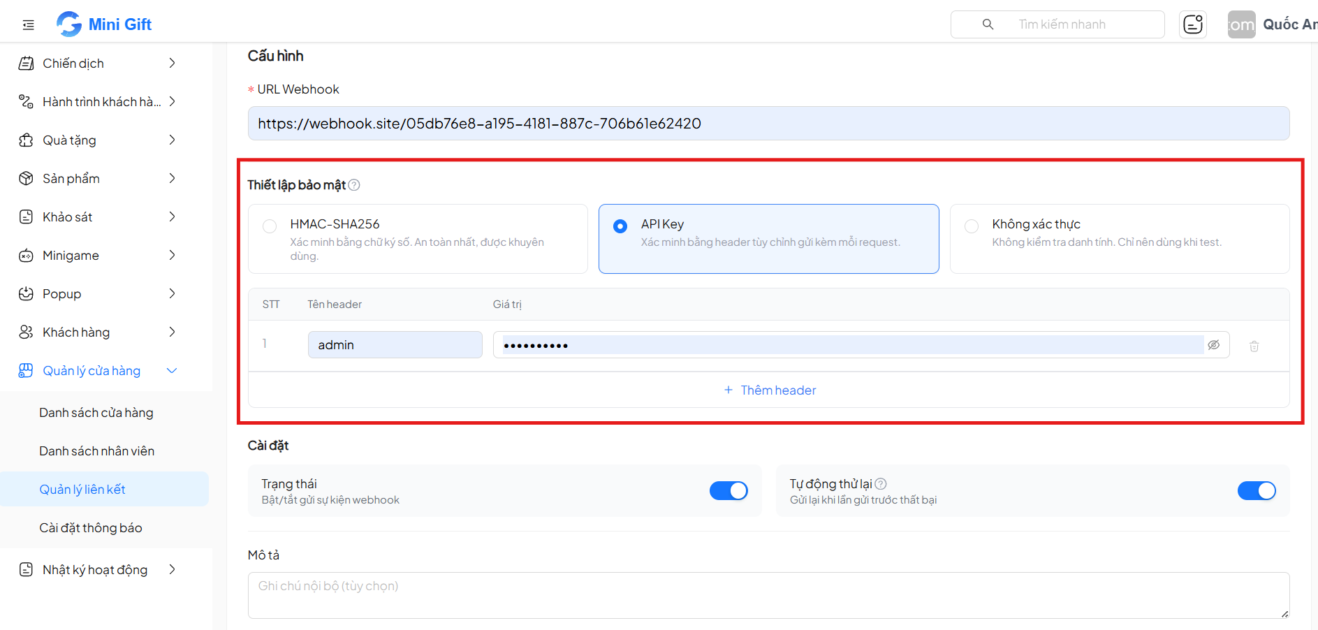 Phương thức bảo mật API Key — cấu hình header tuỳ chỉnh