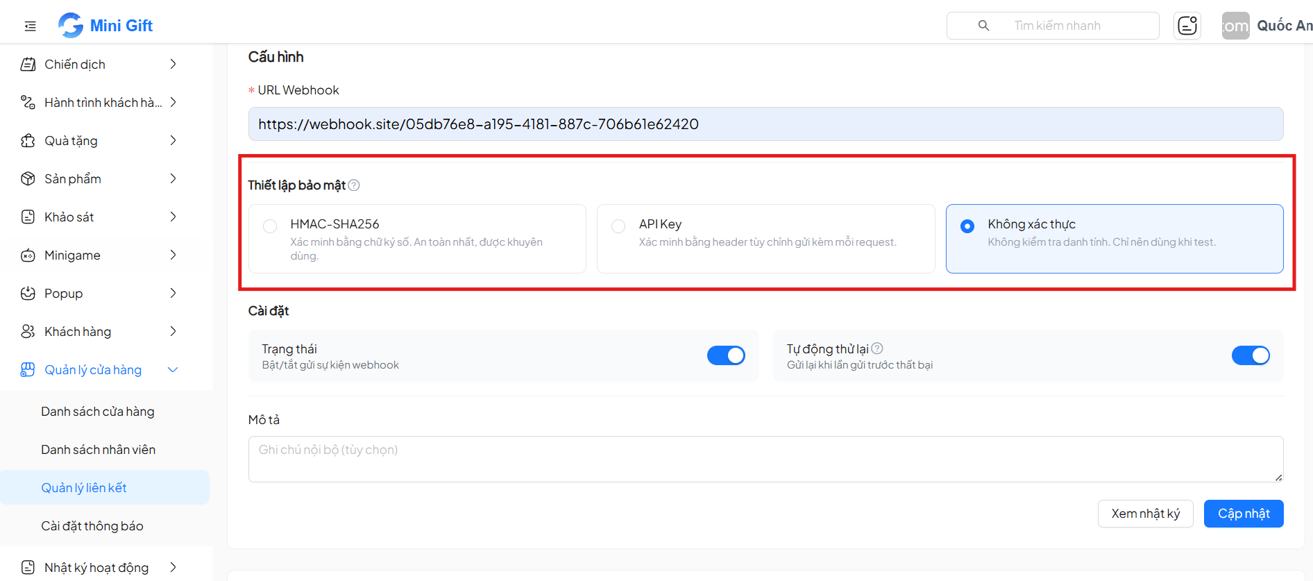 Phương thức không xác thực — webhook gửi trực tiếp không kèm bảo mật