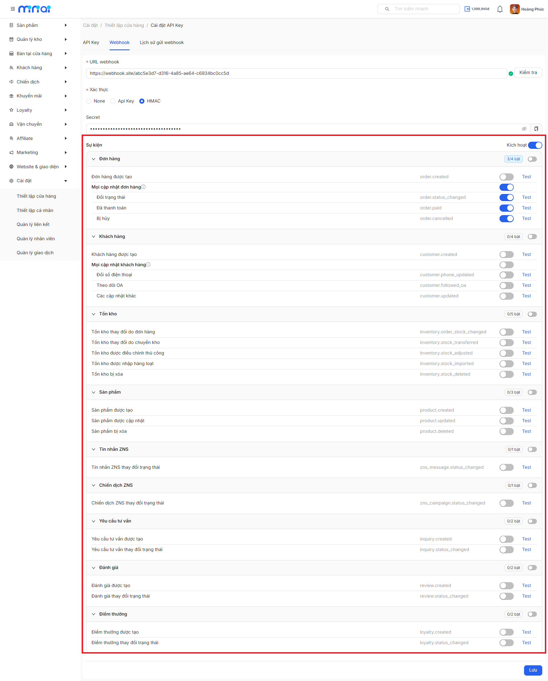 Danh sách chọn sự kiện webhook gom theo nhóm