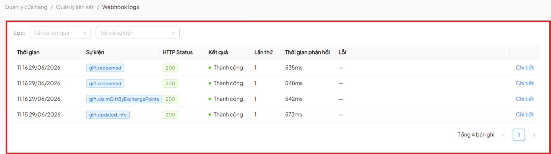 Trang nhật ký webhook — danh sách các request đã gửi với bộ lọc theo kết quả và sự kiện
