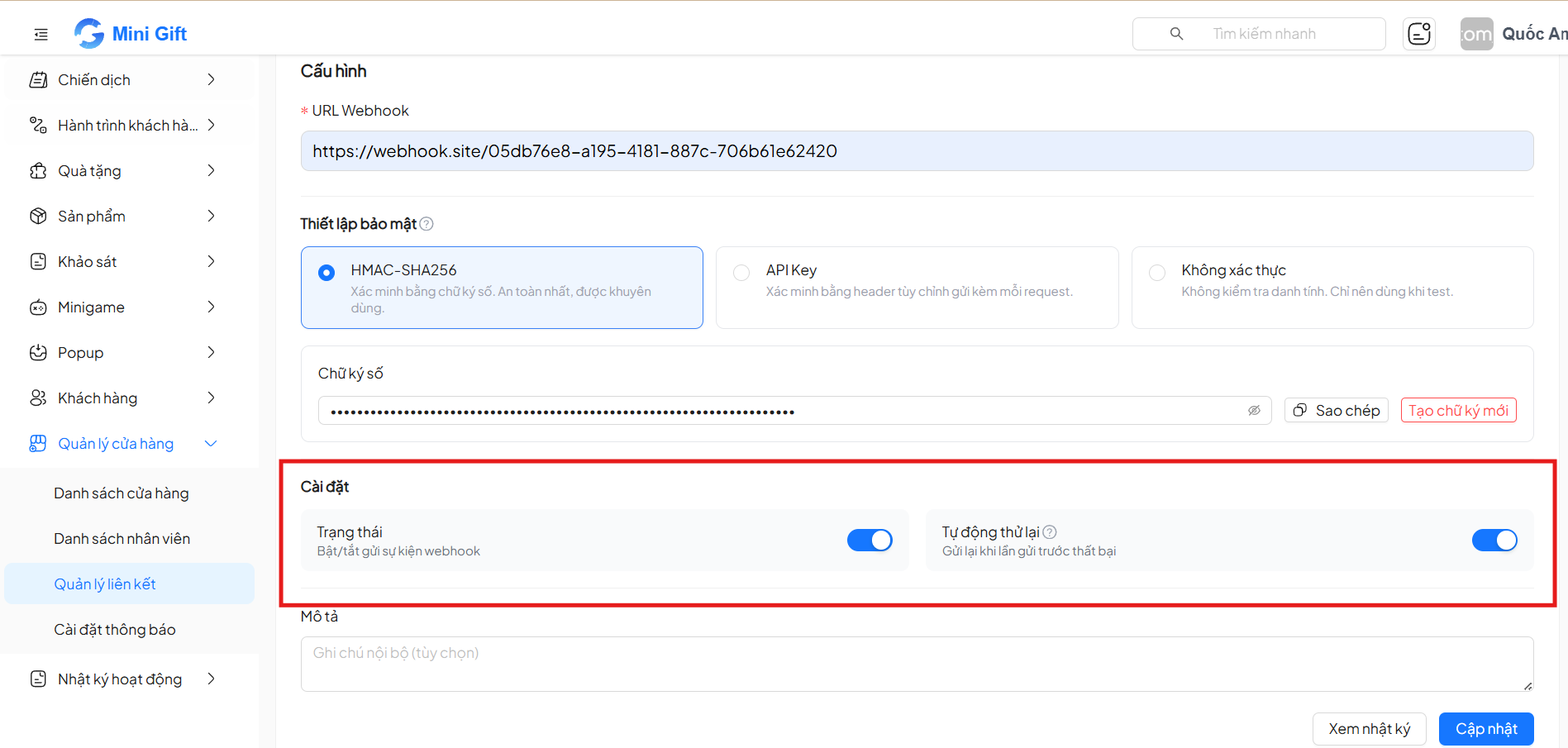 Cài đặt bật/tắt trạng thái webhook và tự động thử lại khi failed