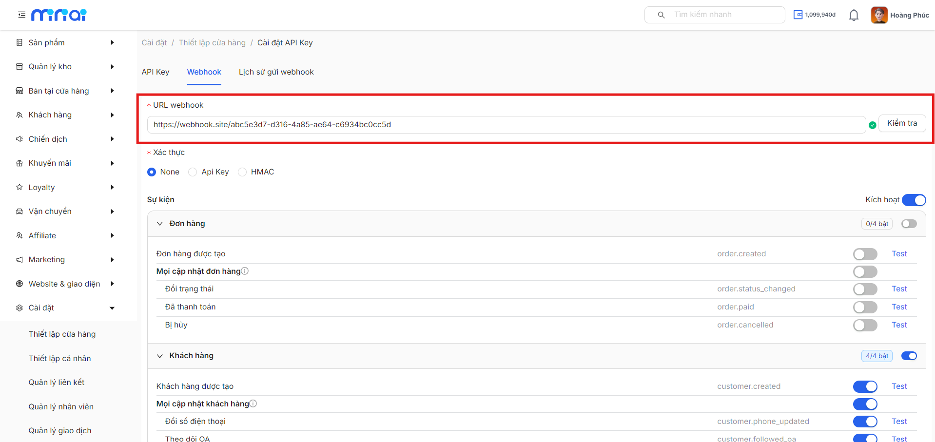Ô nhập URL webhook và nút Kiểm tra kết nối