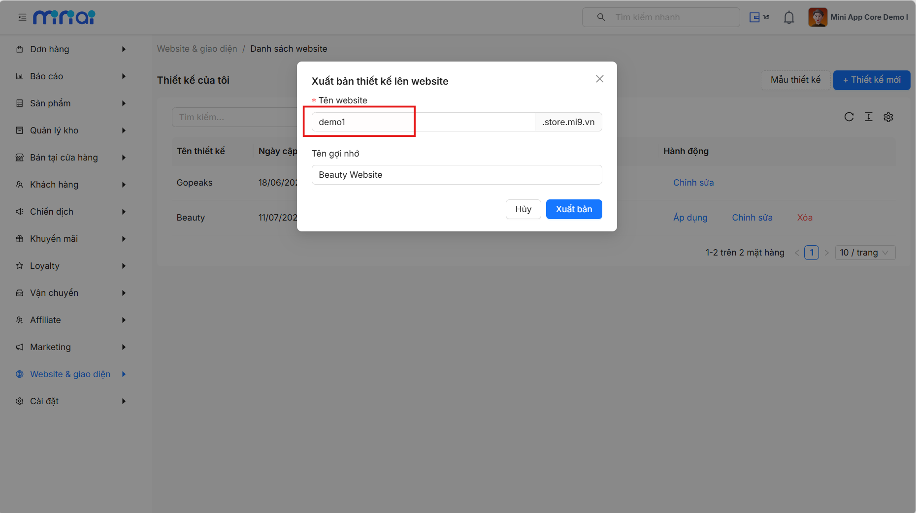 Modal nhập thông tin tên miền cho website