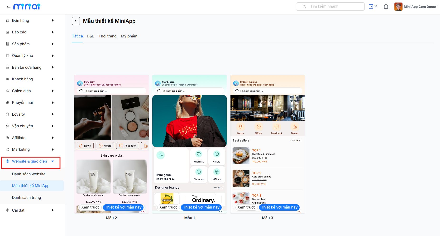 Màn hình chọn giao diện mẫu cho website