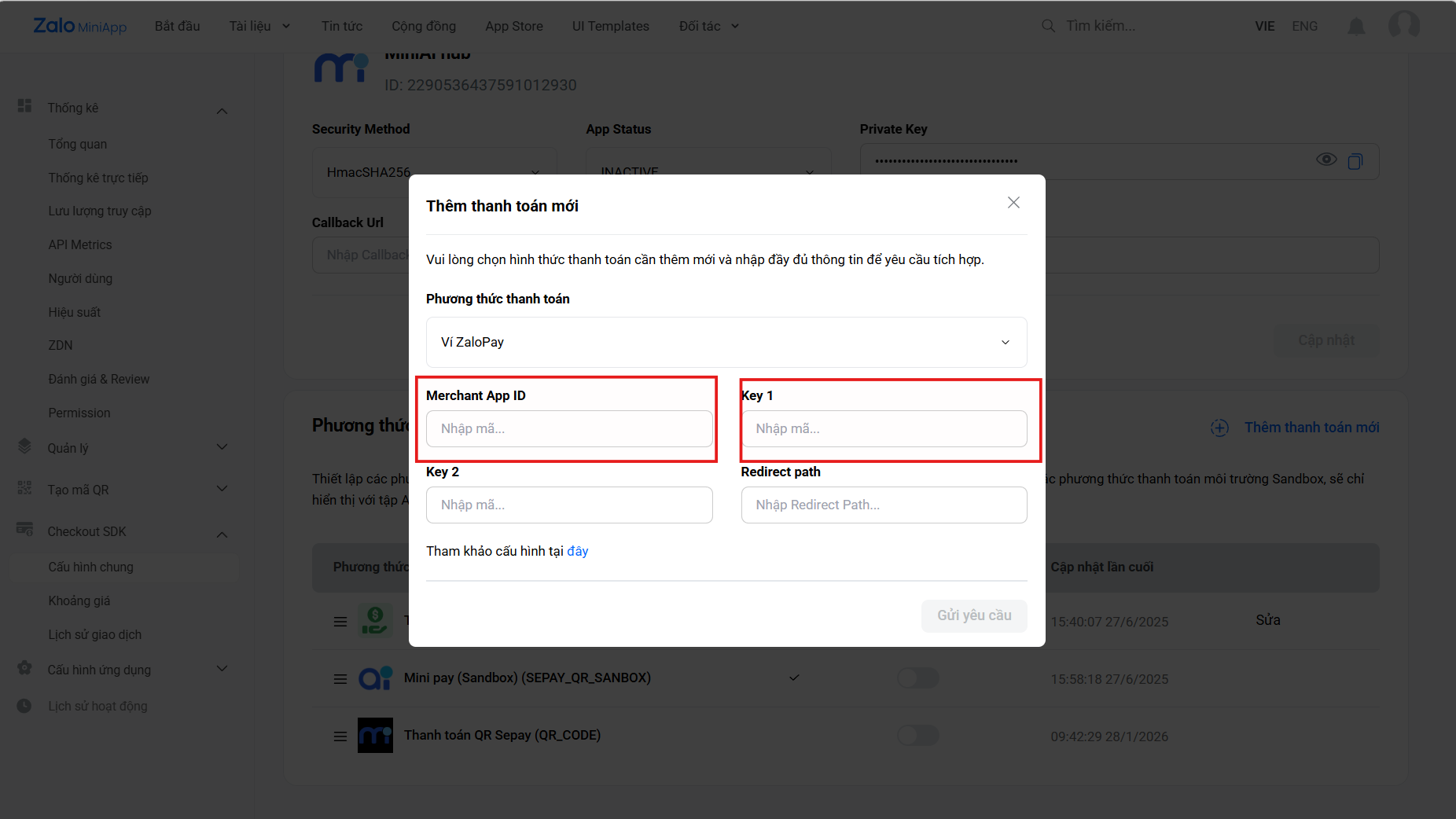 Popup Thêm thanh toán mới - nhập Merchant App ID và Key 1 cho Ví ZaloPay