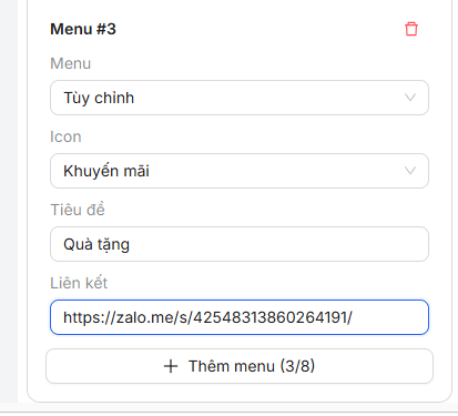 Một mục đang chọn Tùy chỉnh, hiện đủ ô Icon, Tiêu đề và Liên kết