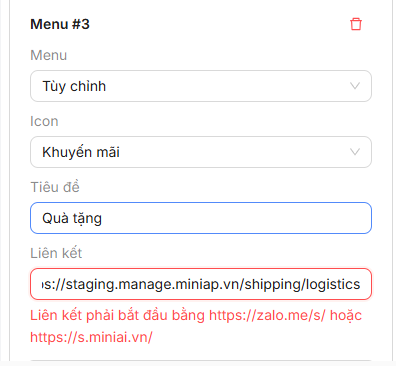 Ô Liên kết viền đỏ kèm dòng báo lỗi khi nhập sai định dạng