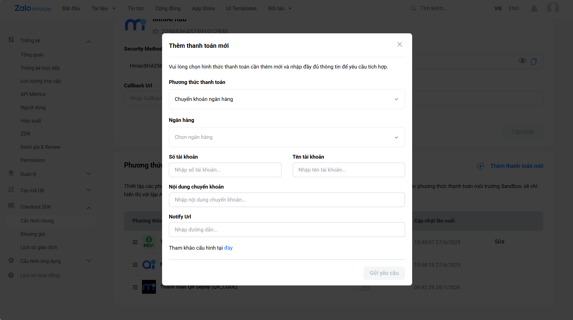 Form khai báo thông tin Chuyển khoản ngân hàng - tài khoản, nội dung chuyển khoản và notify URL
