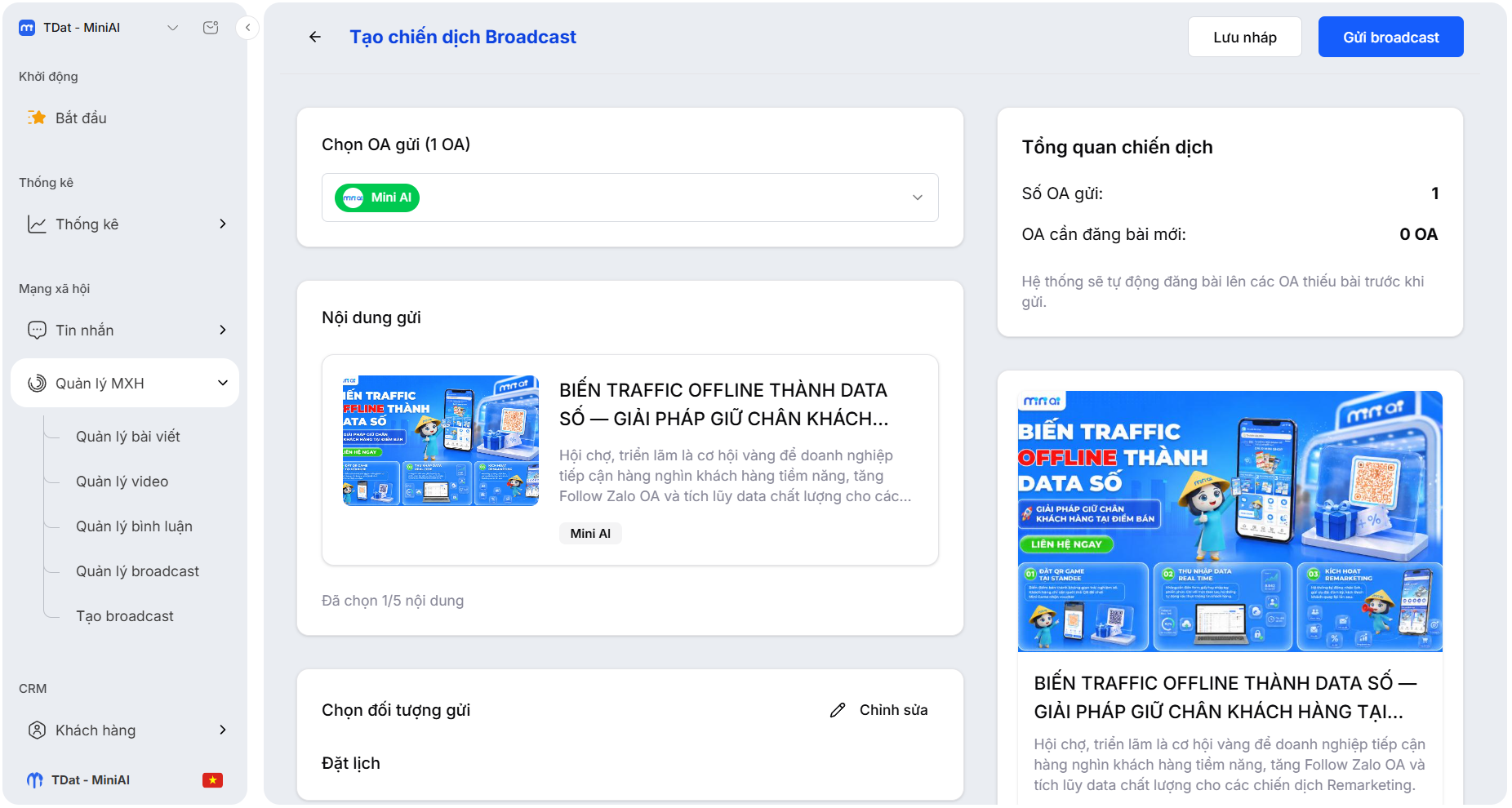 Form tạo chiến dịch broadcast với chọn OA, nội dung gửi và tổng quan chiến dịch
