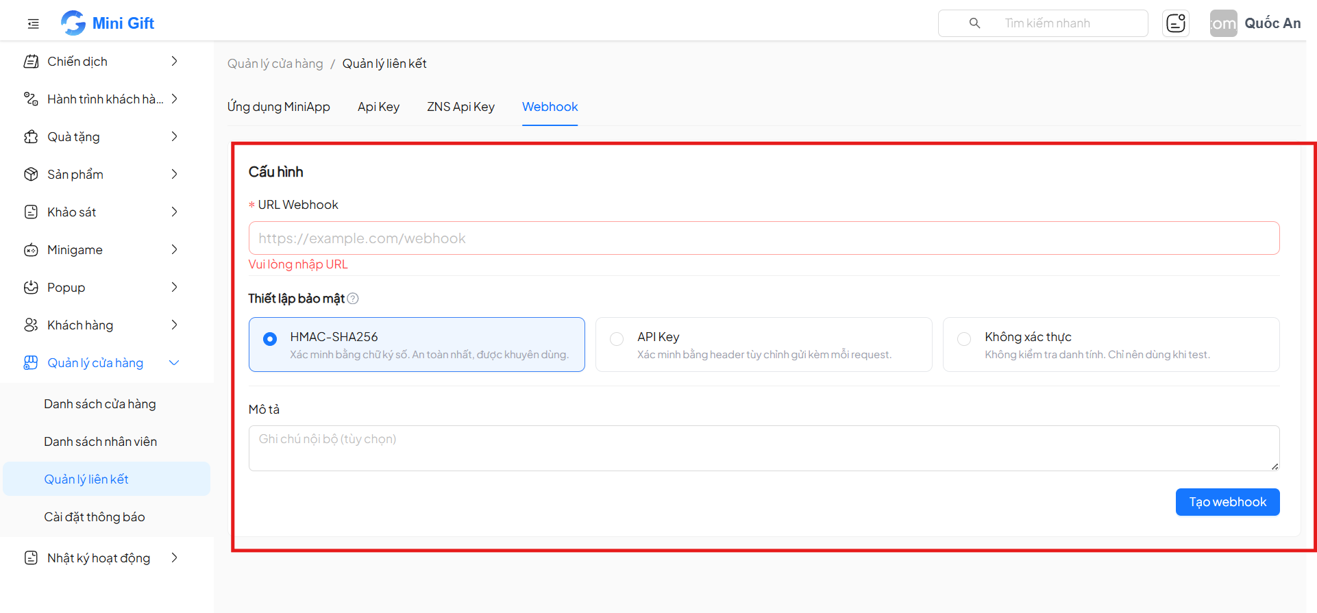 Form điền thông tin tạo webhook mới — URL, phương thức bảo mật và mô tả